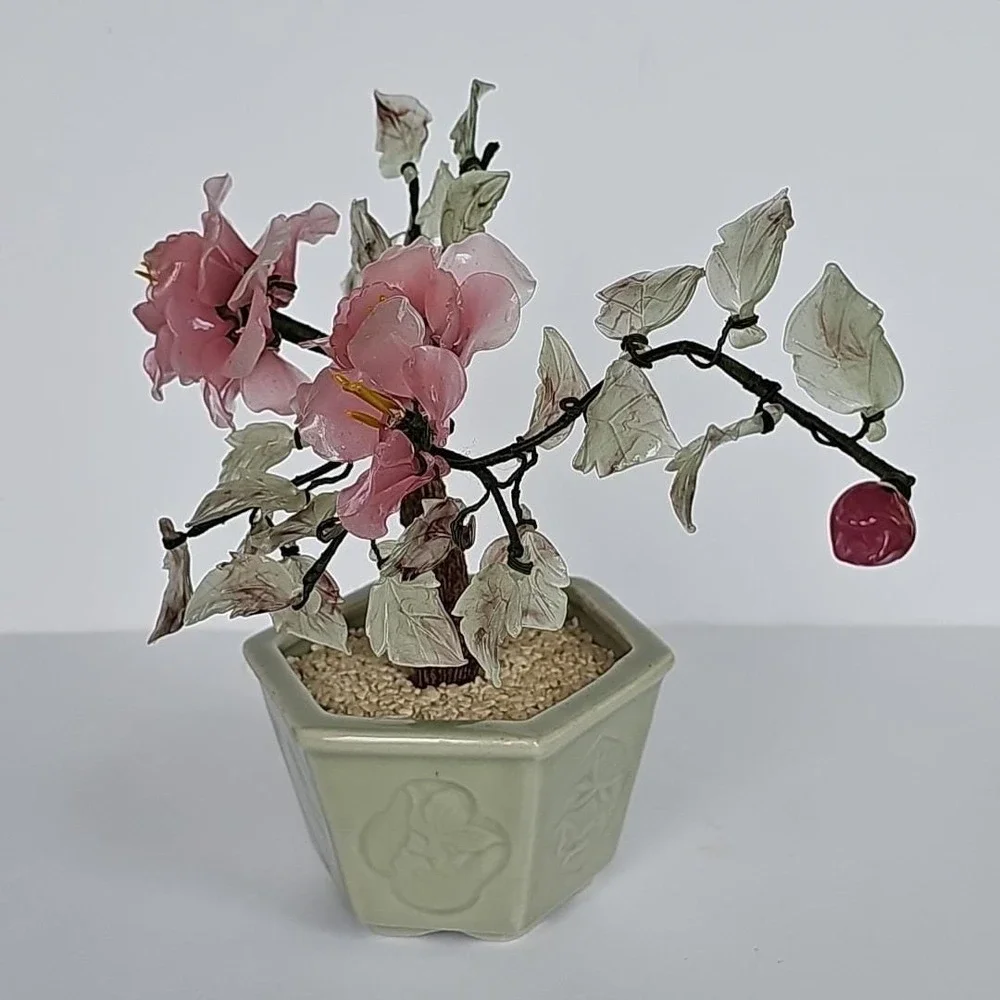 Vintage‎ Chinese Glass Bonsai Tree Pink Cherry Blossom Celadon Pot Chinoiserie